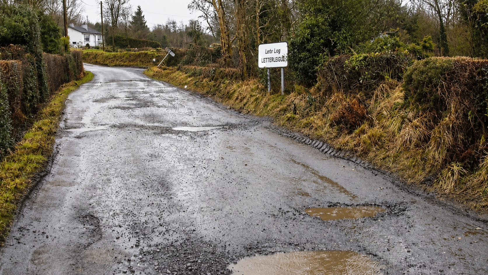 Letterleigue road before Roadteam recycling works showing damaged road surface