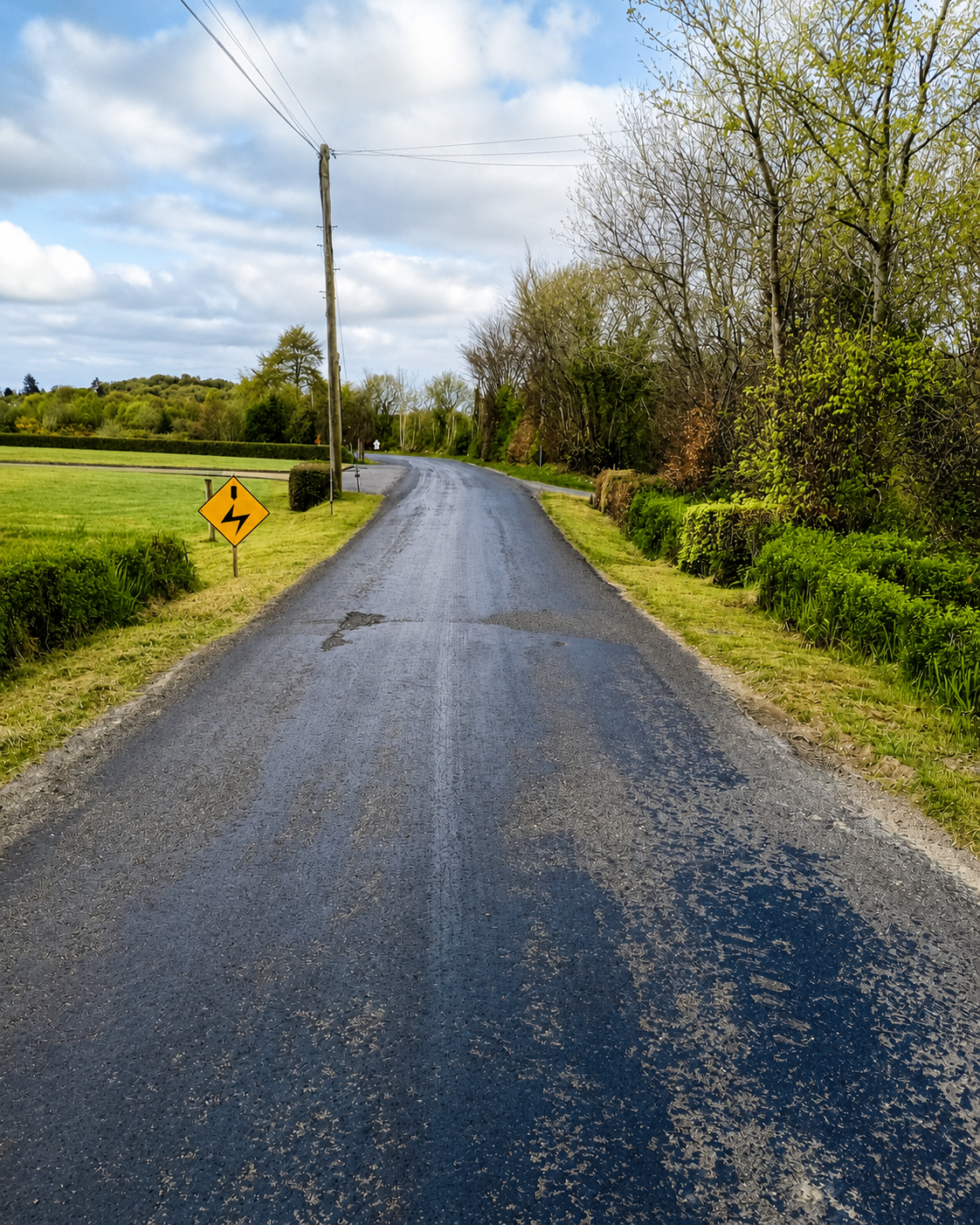 Frosses Road before Roadteam recycling works showing worn road surface