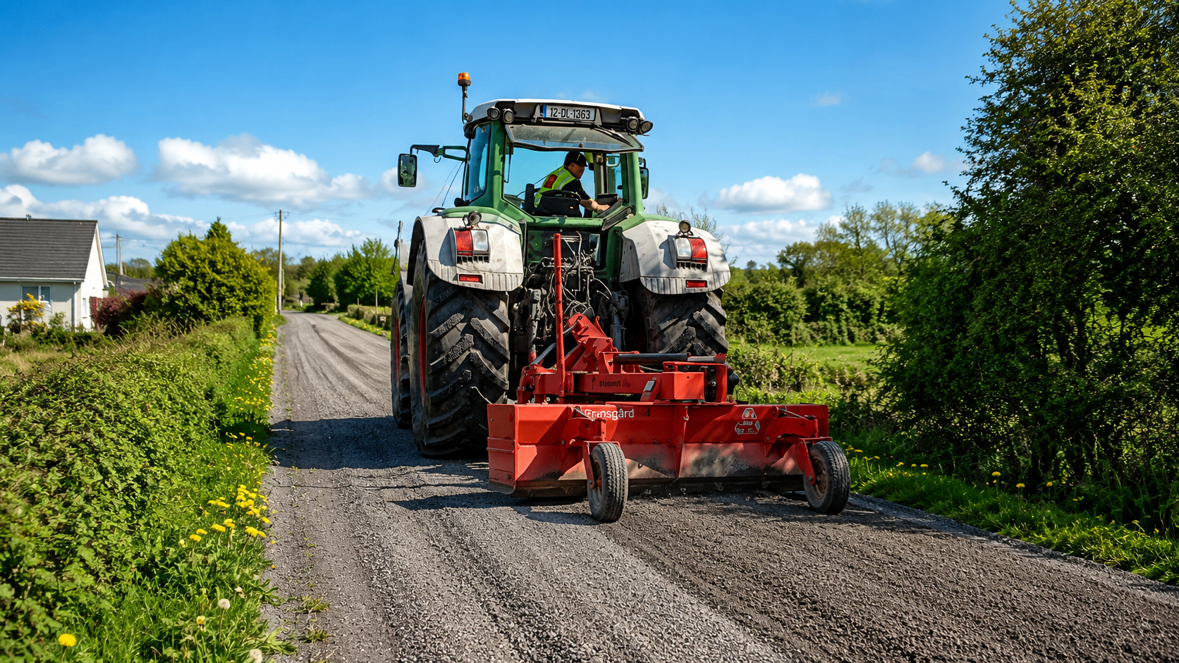 Fransgård tractor-mounted grader profiling a rural Irish road