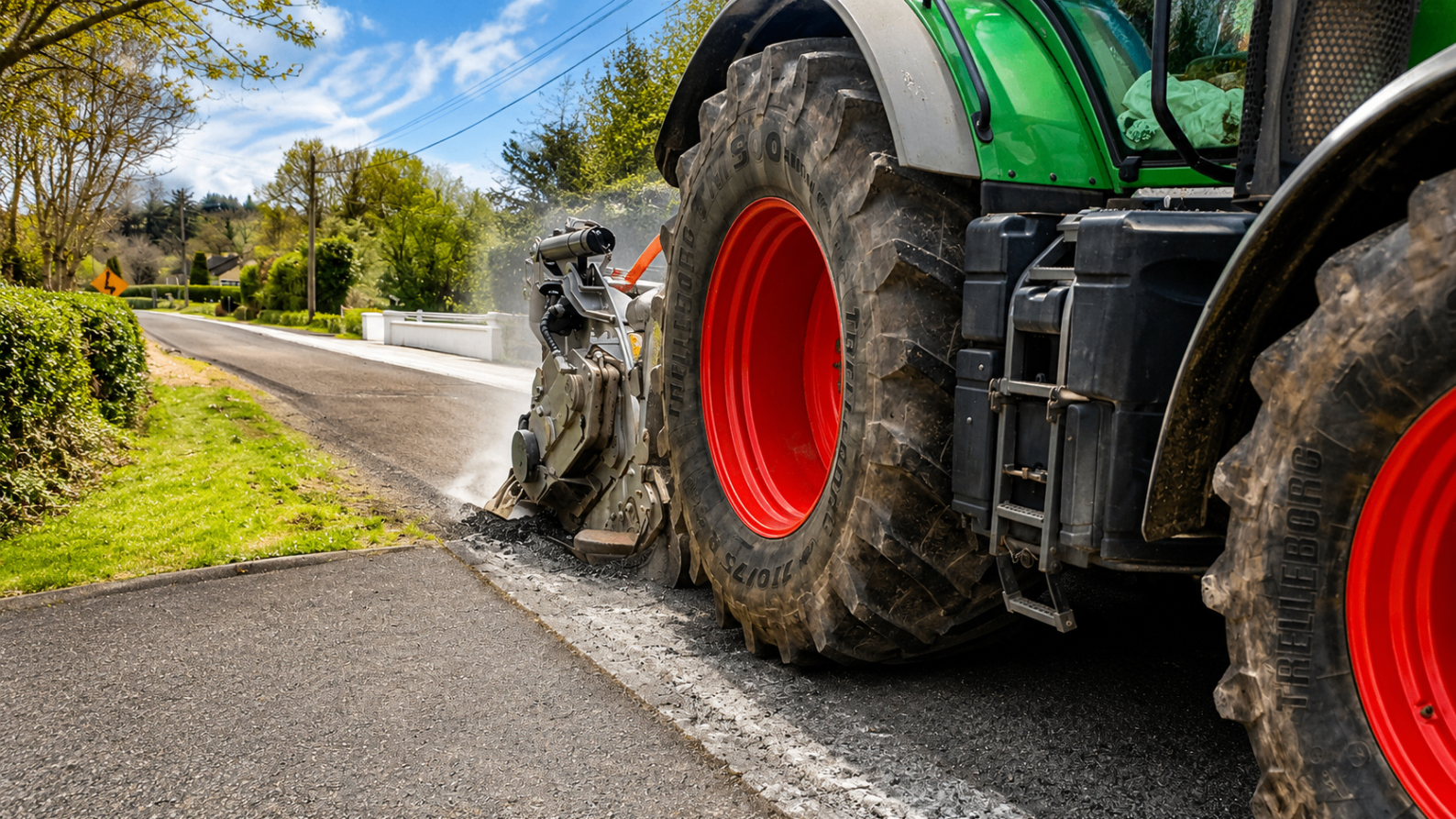 Fendt 939 tractor in working position on a rural road with road recycling equipment