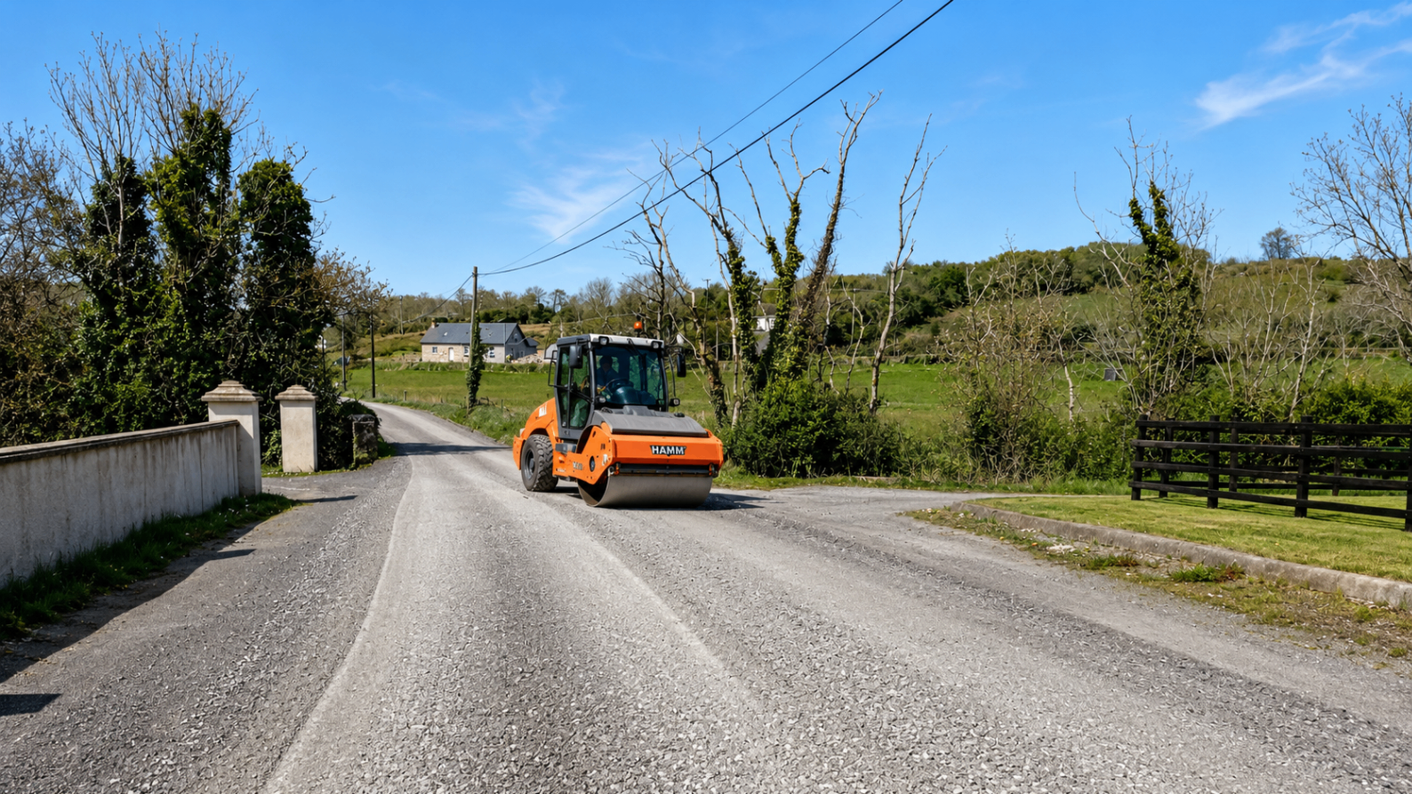 Hamm 3307 7 tonne roller compacting a rural road