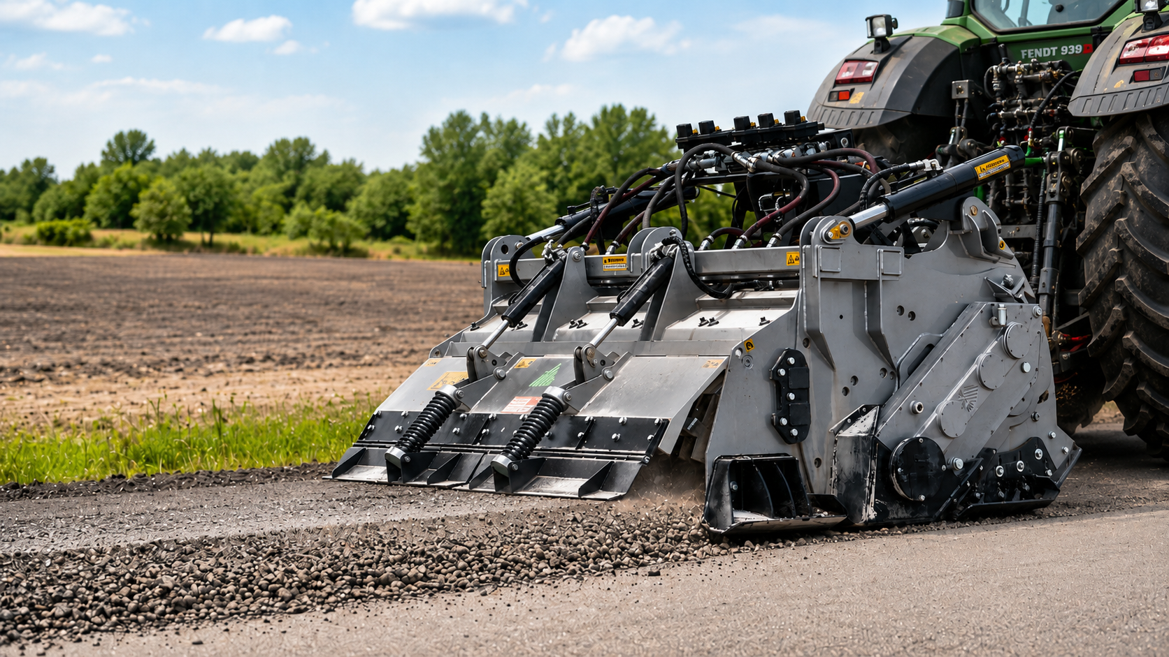 Rear view of FAE MTM 225 HP stone crusher attached to Fendt 939 tractor
